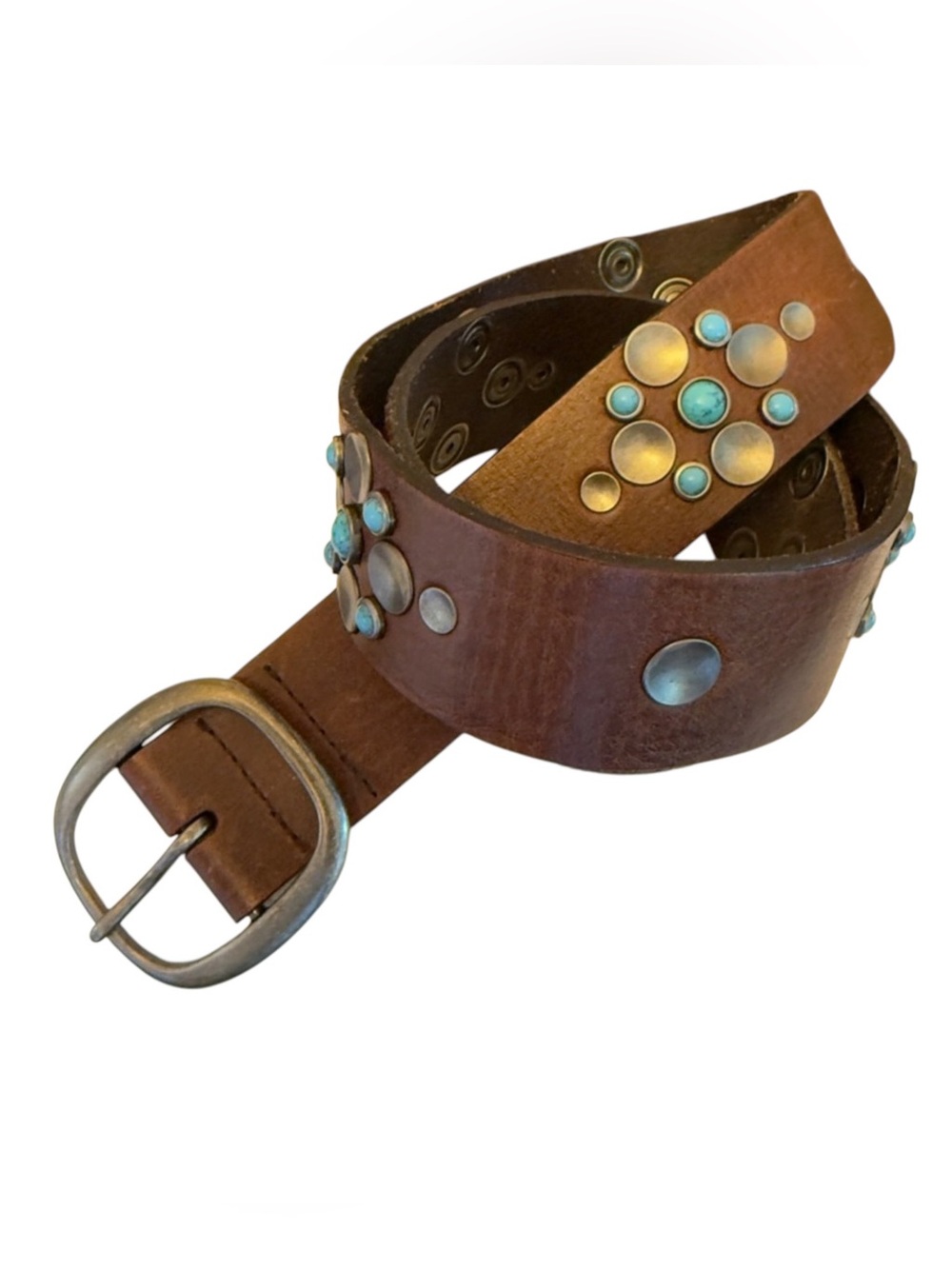 Abercrombie Womens Brown Leather Western Belt Turquoise Studded Boho Size S/M